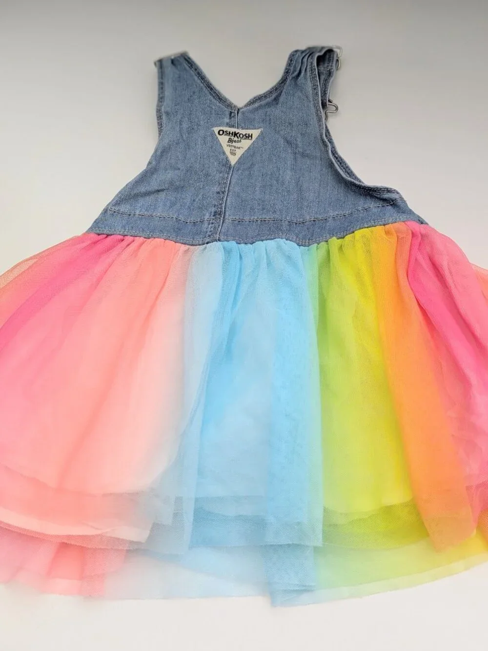 OshKosh Girls' (4T) Denim Overall Dress/Jumper with Rainbow Colored Tulle Skirt